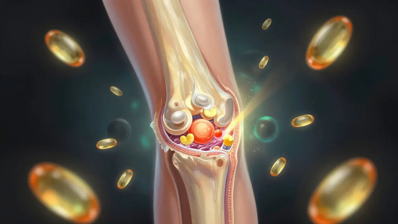 Přehled kloubu s regenerující chrupavkou a výživovými látkami v prostoru.