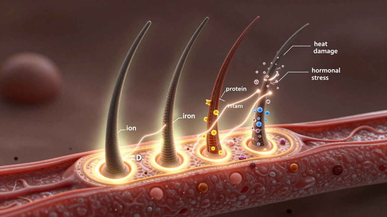 Přehled vlasového folikulu, do kterého proudí živiny, zatímco poškozené vlasy mizí.