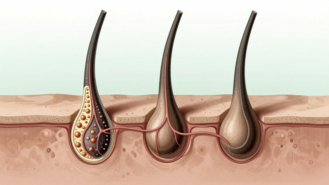 Přesný řez lidskou pokožkou hlavy s třemi fázemi růstu vlasů a prouděním živin do aktivního folikulu.