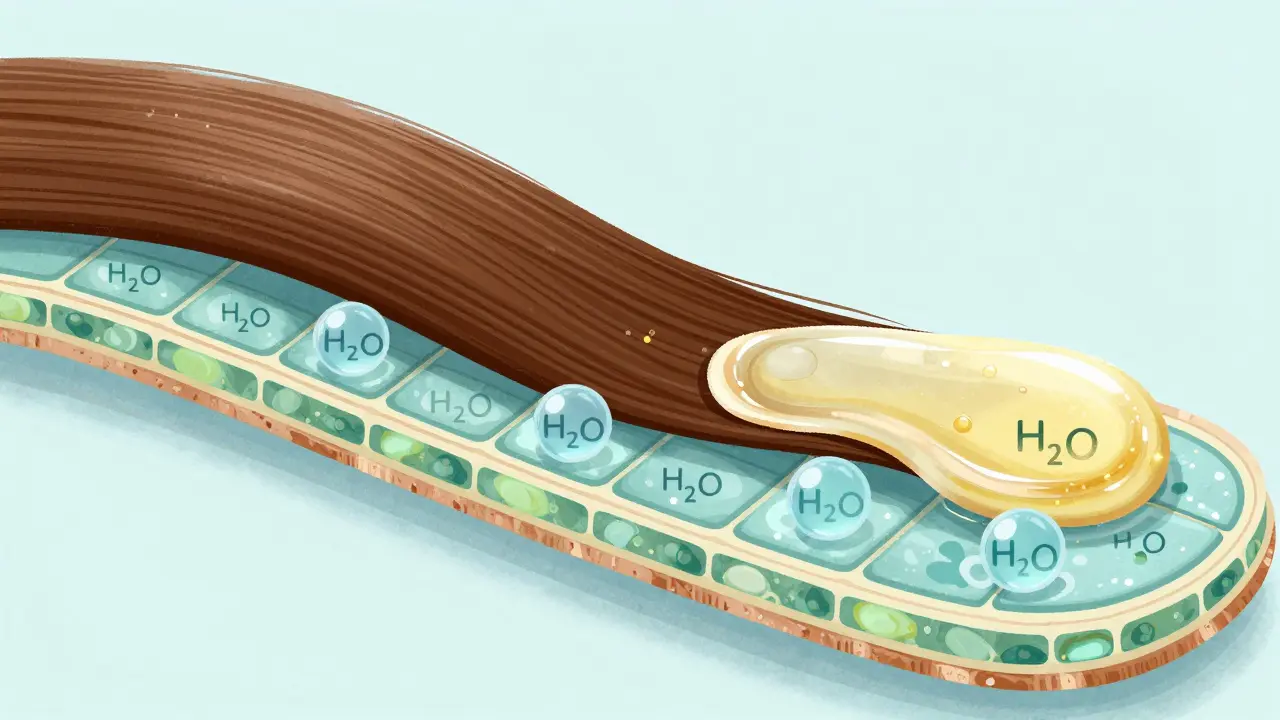 Příčný řez vlasem s vodou a olejem, znázorňující hydrataci a uzavření vlákna.