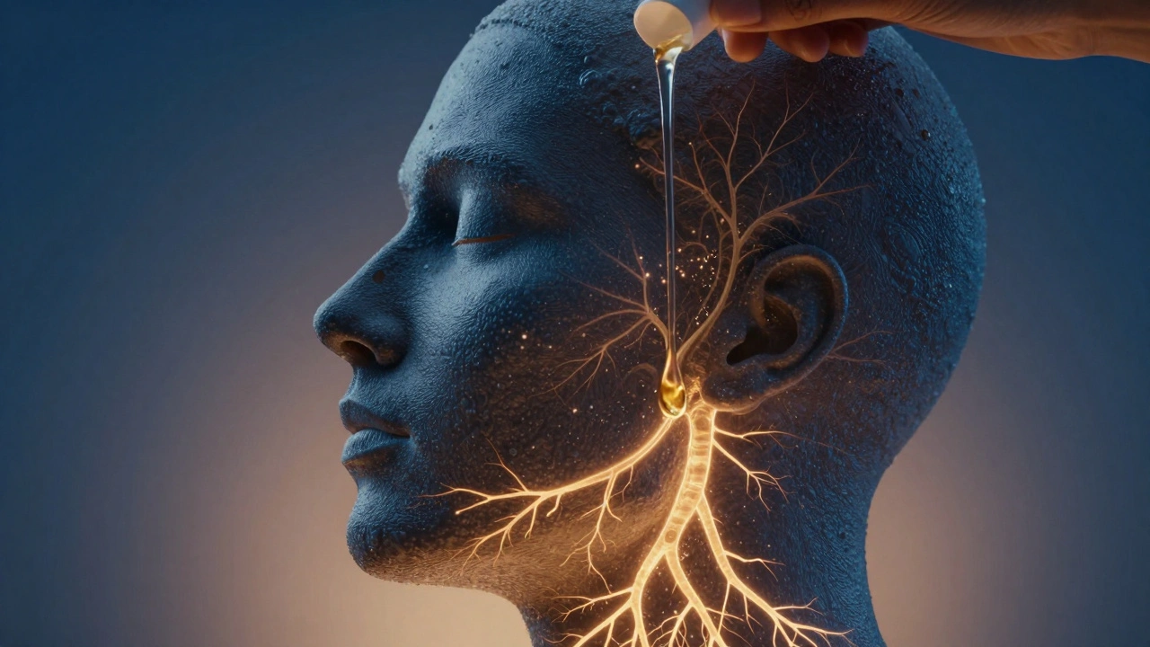 Proud oleje se vstřebává do pleti jako světelné kořeny, symbolizující regeneraci.