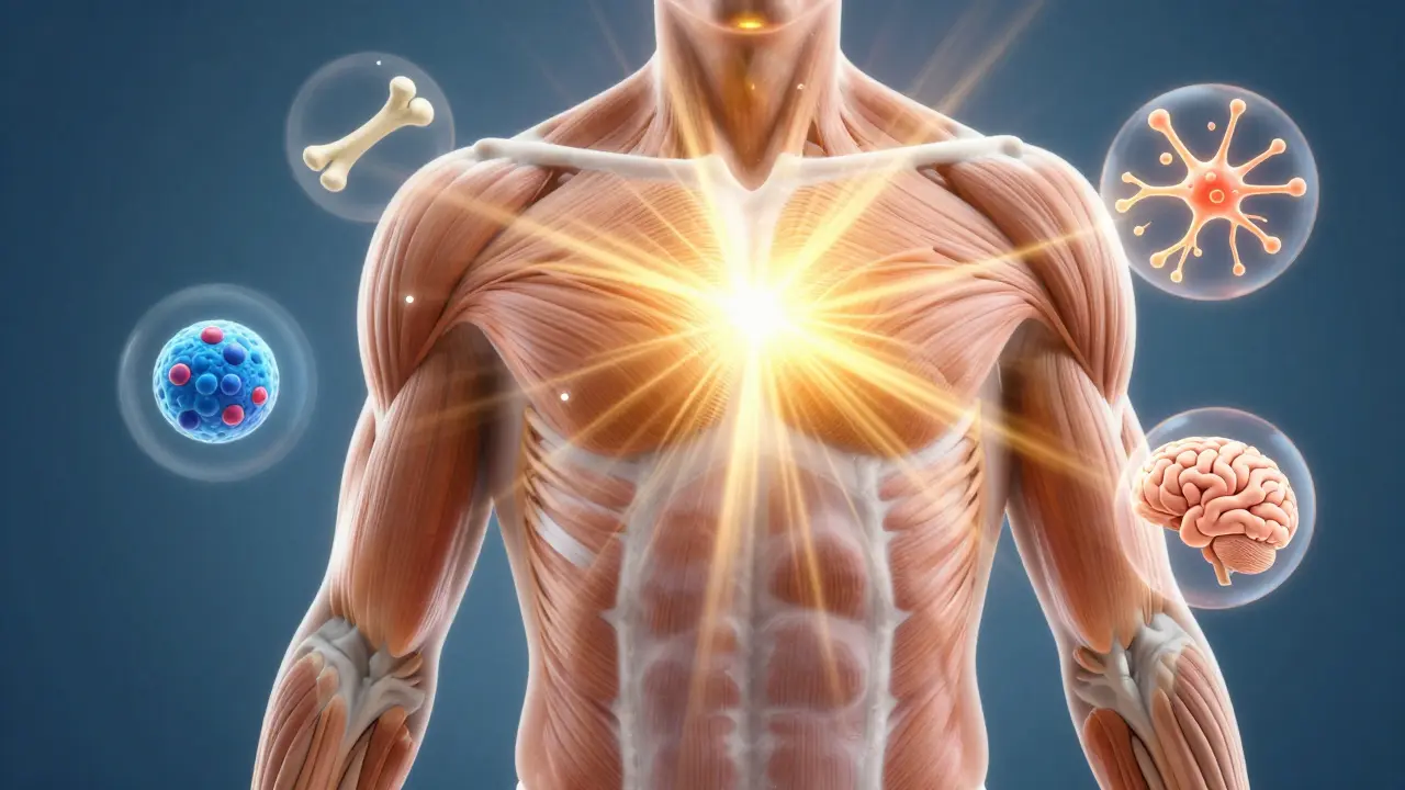 Průhledný lidský tělo s paprsky slunce aktivujícími vitamín D v tkáních.