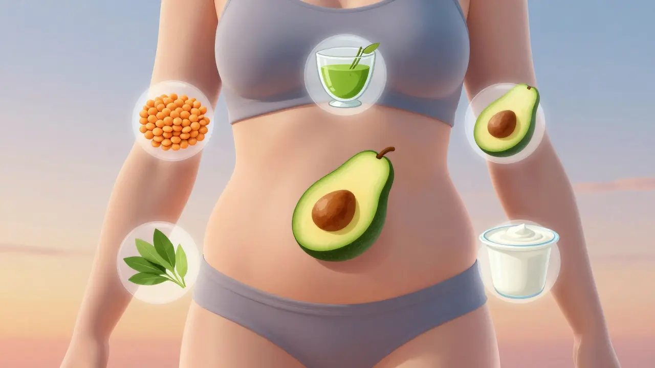 Průhledný tělo s ukázkou snížení tuku na břiše, obklopené potravinami podporujícími metabolismus.