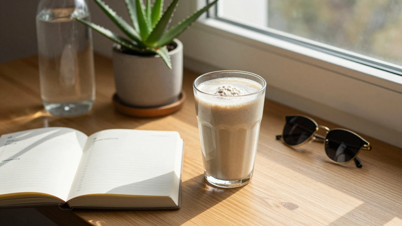 Ranní rutina s kolagenem, smoothie a vitamínem C na dřevěném stole.