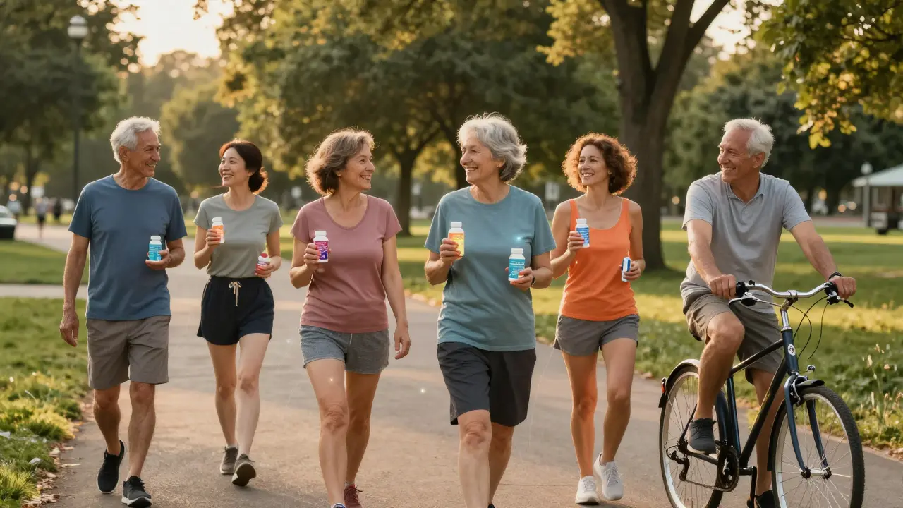 Různé věkové skupiny aktivně pohybujíce se v parku s doplňky pro zdravé klouby.