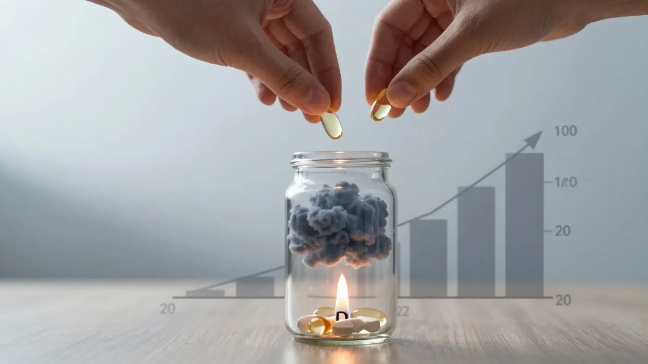 Skleněná nádoba s tmavými mrakami a tabletami vitamínu D, které zvyšují jeho hladinu.