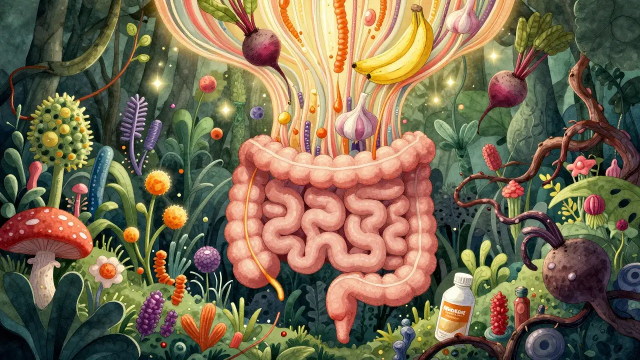 Střevo jako zahradu s kvetoucími bakteriemi, které živí vláknina z řepy, česneku a banánů, temné látky odcházejí.