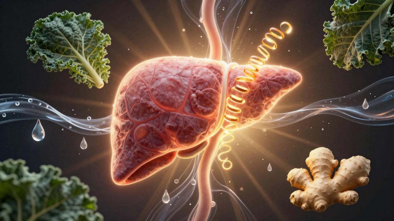 Symbolický obraz játra obklopeného prvky podporujícími detoxikaci.