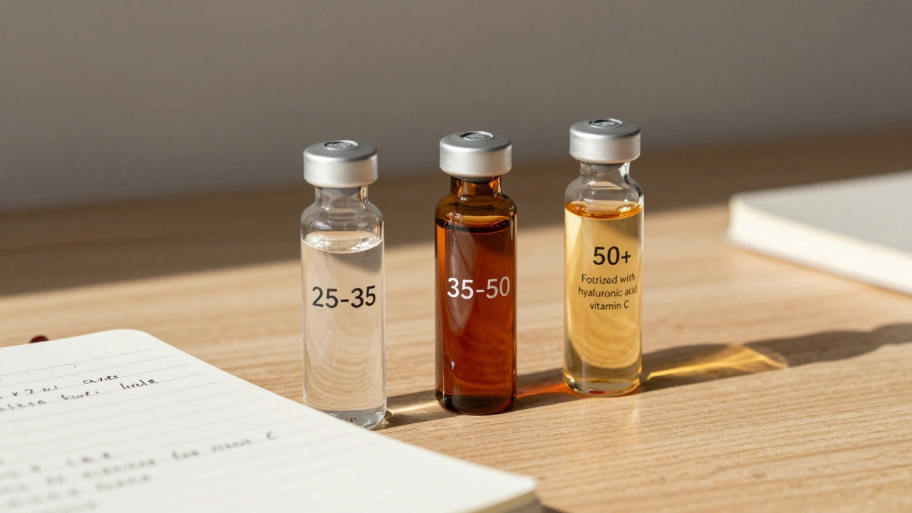 Tři výplně kolagenu pro různé věkové skupiny s doplňky na dřevěné desce.