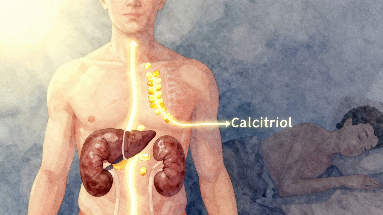 Vnitřní grafika lidského těla ukazující přeměnu vitamínu D v játrech a ledvinách.