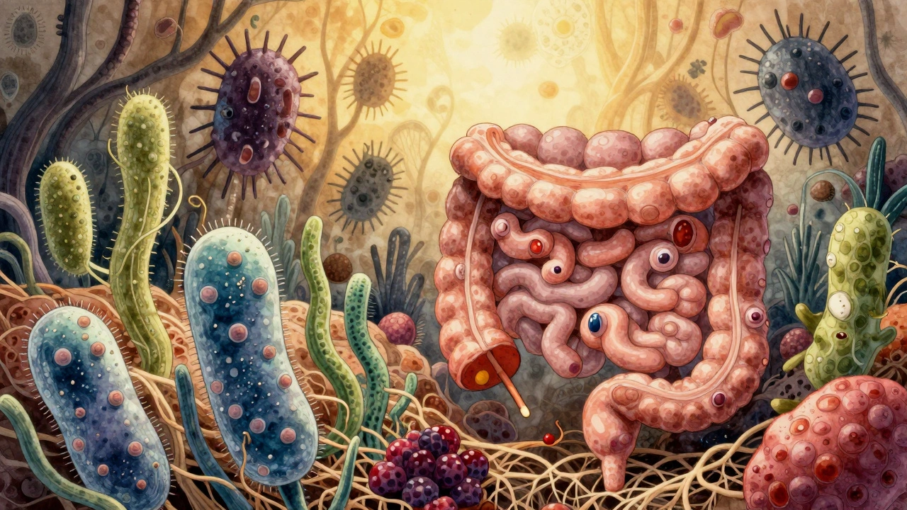 Vnitřní obraz střev jako květinové zahrady s prospěšnými bakteriemi a vlákninou
