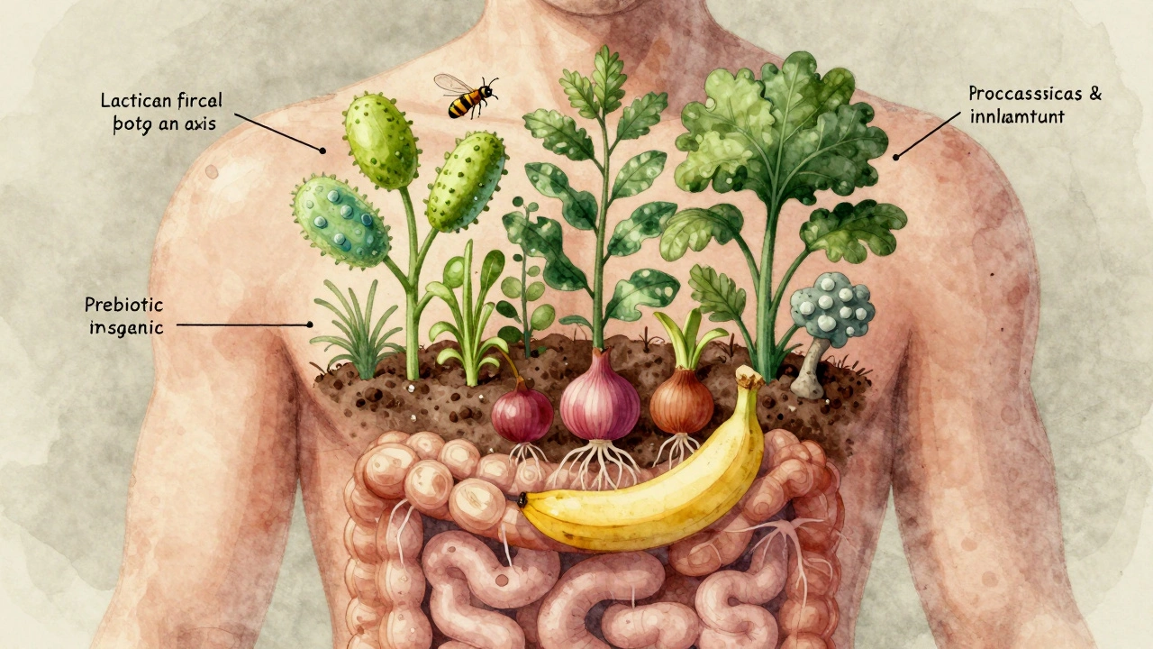 Zahrada rostoucí z těla, znázorňující vztah mezi stravou a střevním mikrobiomem