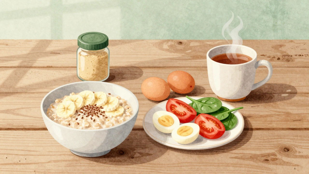 Zdravá snídaně pro detoxikaci po alkoholu: ovesná kaše, vajíčka a zelenina.