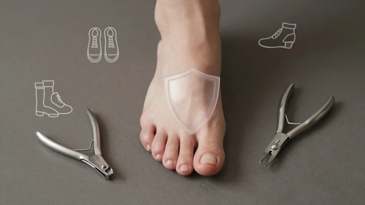 Zdravý nohavý neht s ochranným štítem a symboly správné péče.