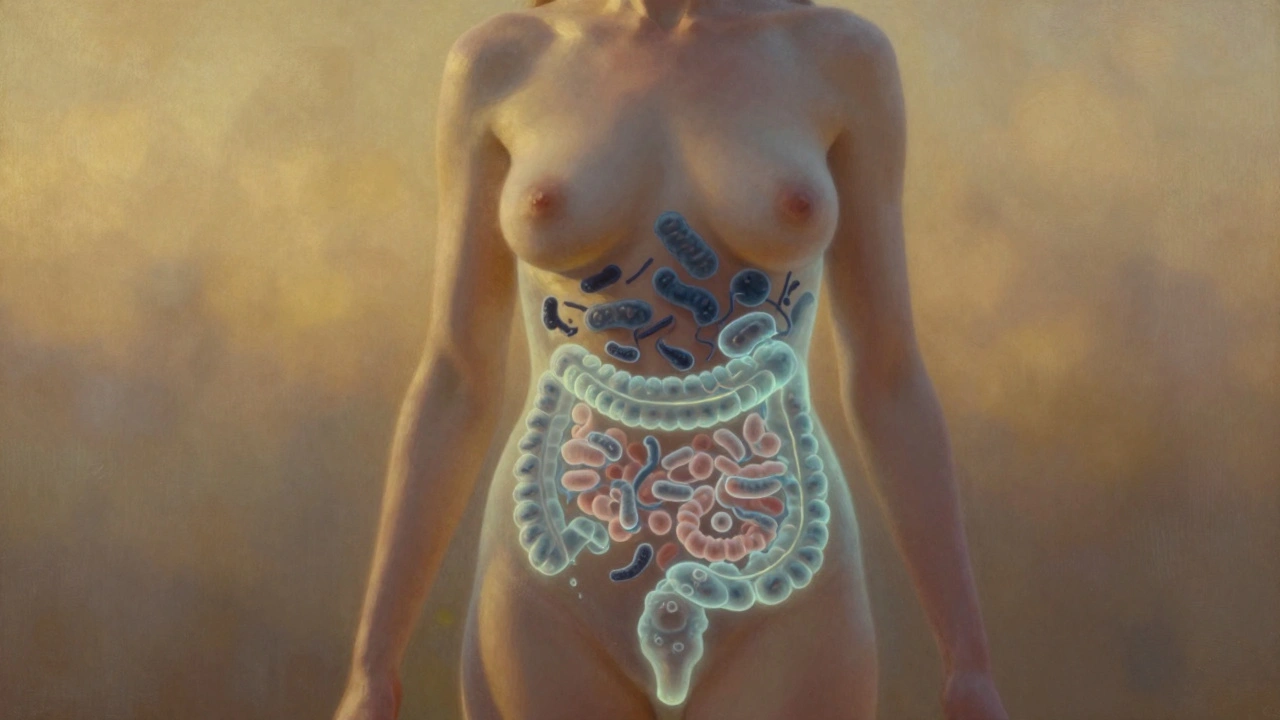 Žena s viditelným mikrobiomem pod kůží, symbolizujícím rovnováhu střev