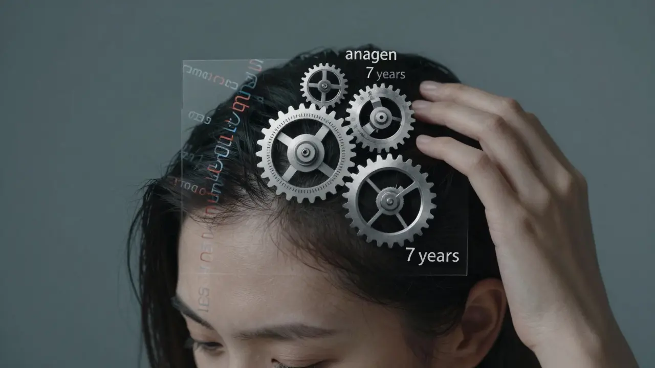 Žena se dotýká vlasů, zatímco v její hlavě se točí hodiny a genetický kód.