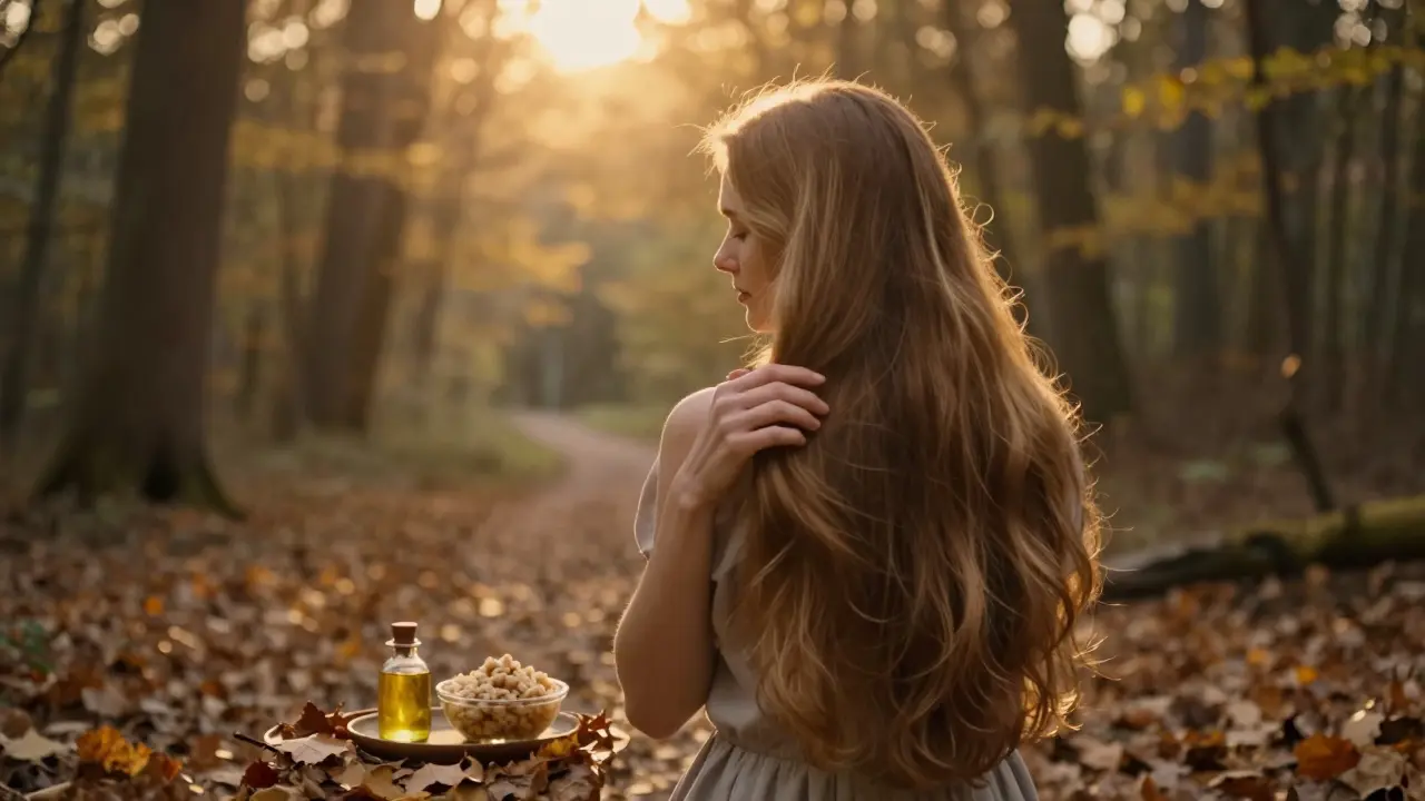 Žena v lese s lesklými vlasy, pod ní nádoba s kastanovým olejem a kvasnicemi, zlatý zářivý efekt nad hlavou.