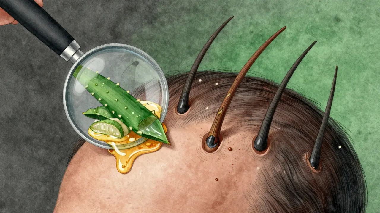 Zvětšený pohled na vlasový folikul, jak ho obnovují biotin a zinek, s vodovými barvami a jemnými čárami.