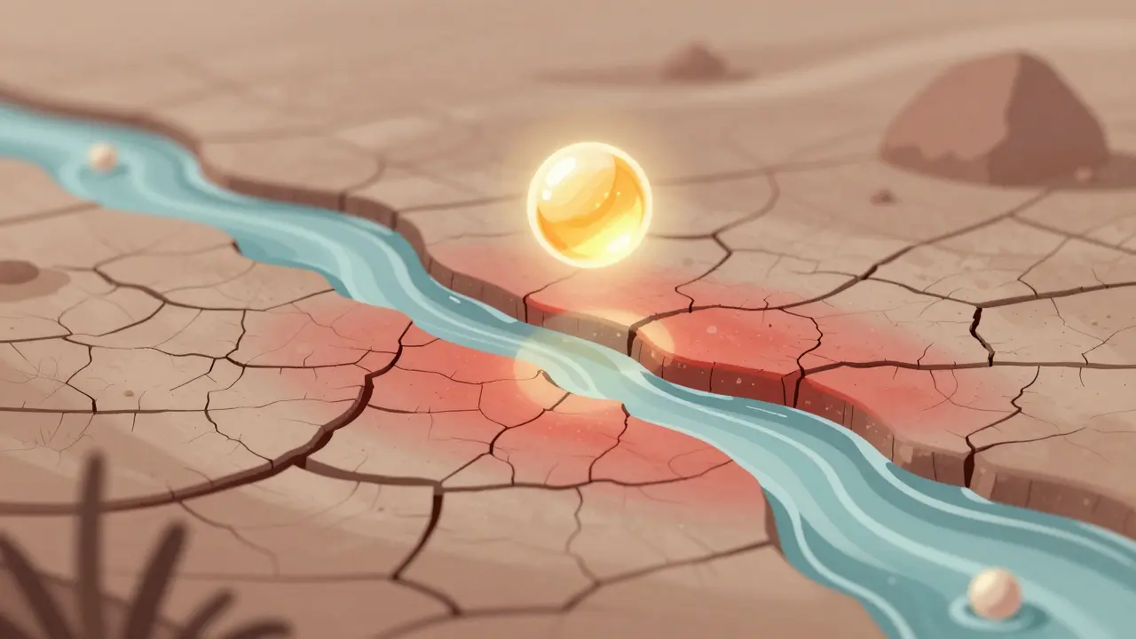 Abstraktní znázornění poškozené pokožky s červenými škrambami, které léčí hydratační látky.