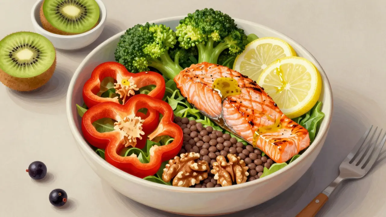 Barevný salát s lososem, paprikou, brokolicí a oříšky na talíři.