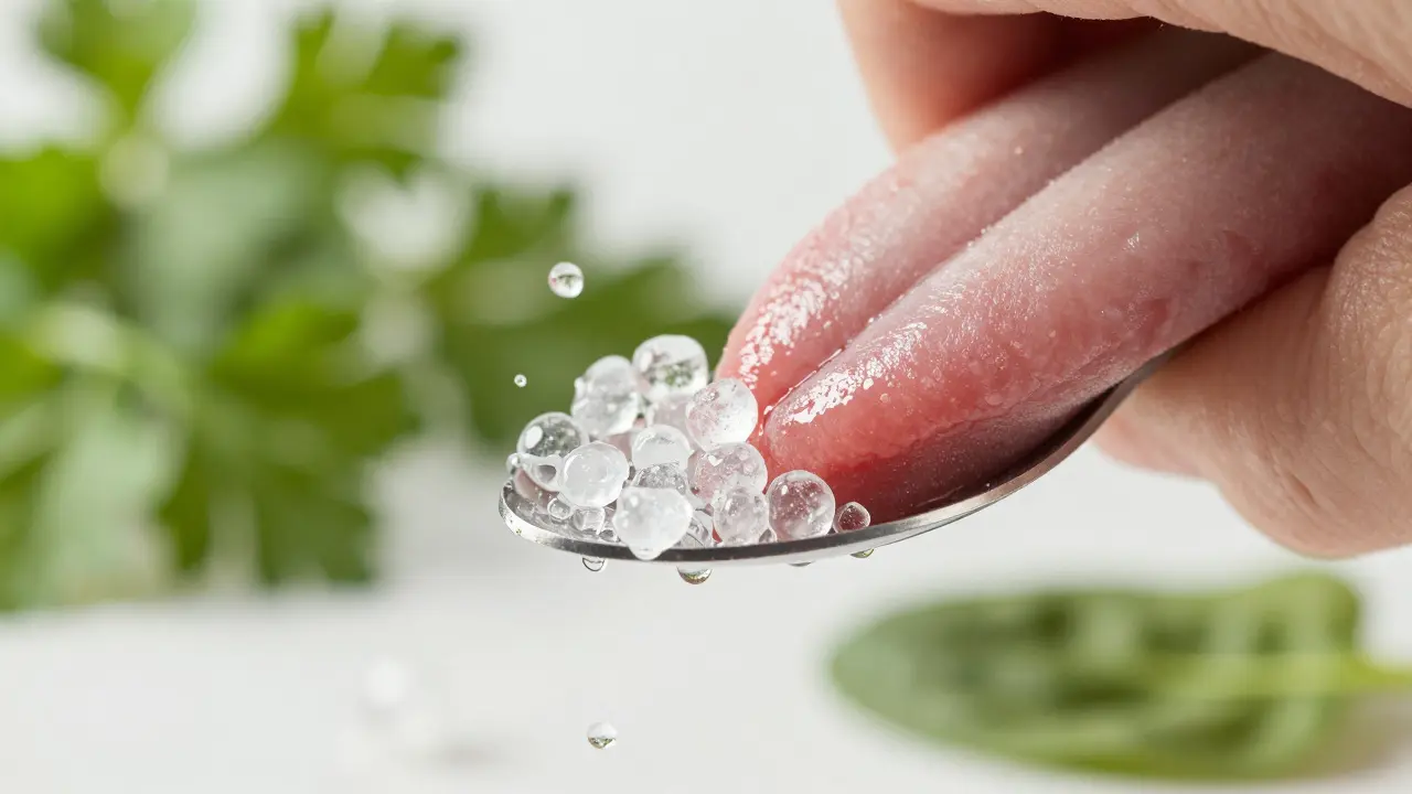 Blízký pohled na čištění jazyka, bakterie se rozpadají, v pozadí jsou xylitolové krystaly a zelené listy.