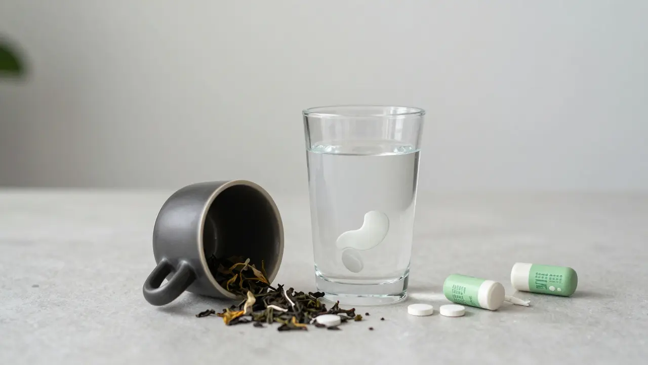 Čaj je převrácený a poškozený, zatímco voda pomáhá léku fungovat.