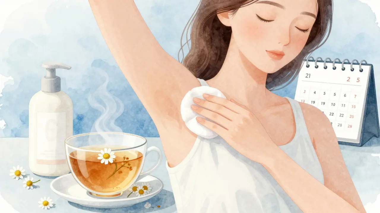 Chladný čaj z kamile se jemně aplikuje na citlivou pokožku podpaží.