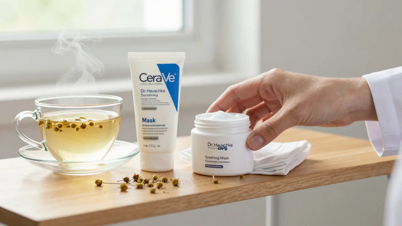 Dermatologické produkty a studená komprese na dřevěné poličce s přírodním osvětlením.