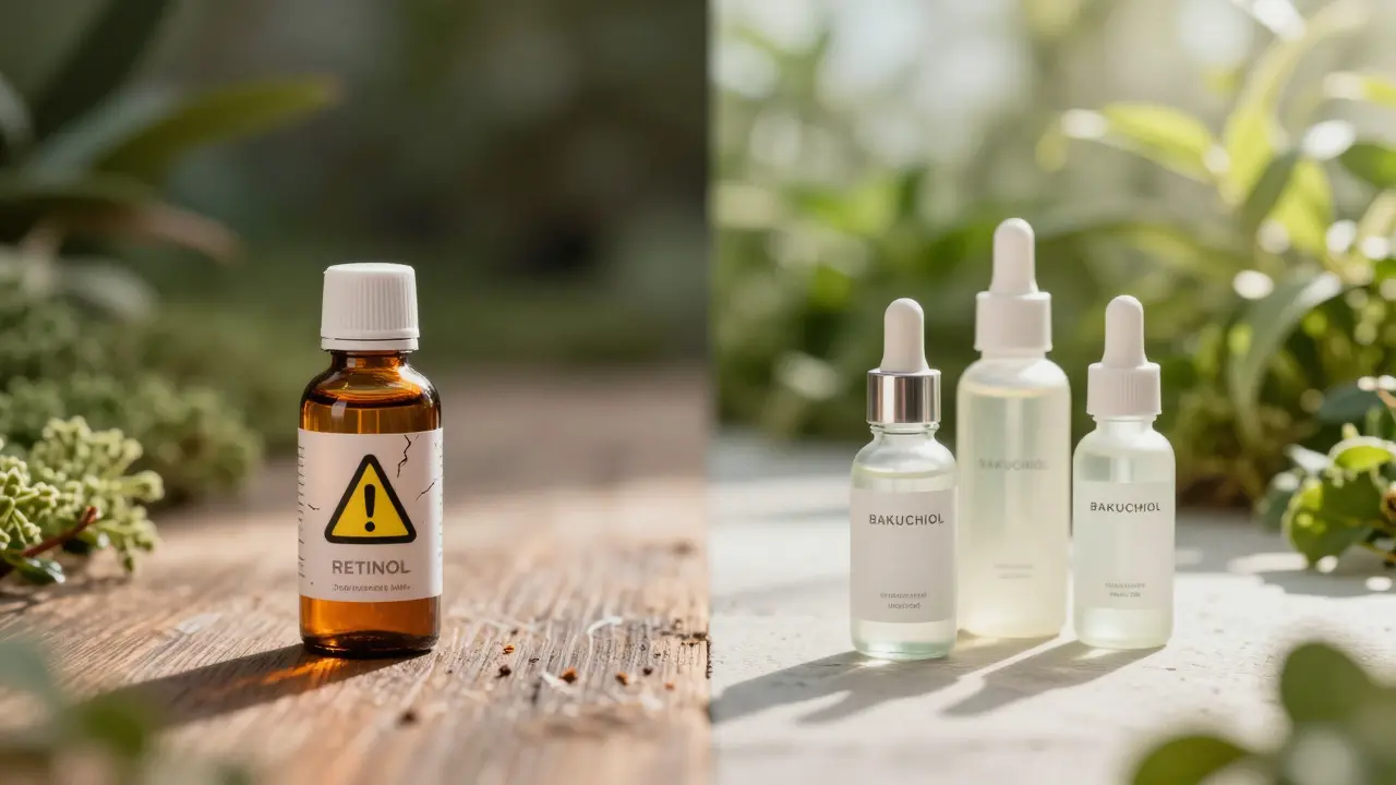 Dvě cesty péče o pleť: agresivní retinol vs. klidné alternativy jako bakuchiol a niacinamid.