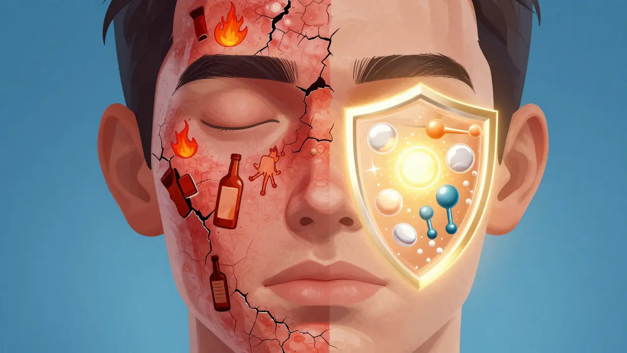 Dvě poloviny obličeje: jedna zarudlá a poškozená, druhá klidná a chráněná.