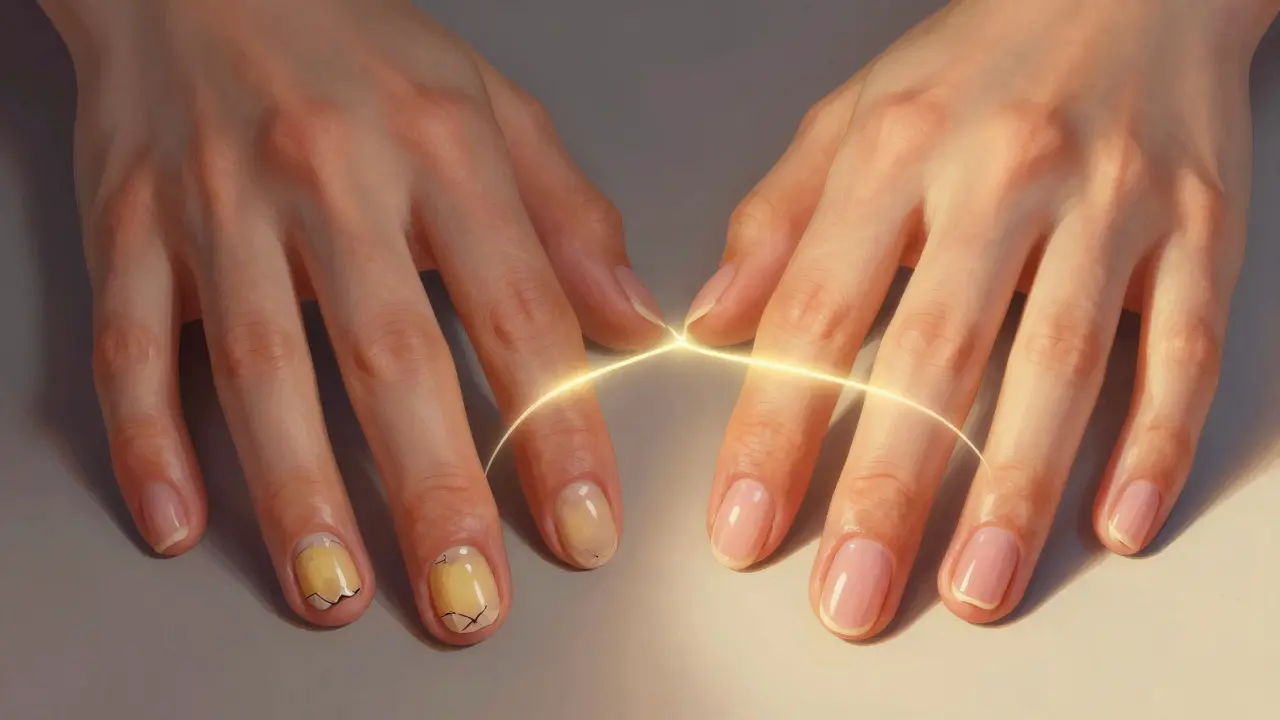 Dvě ruce: jedna se špatnými, druhá se zdravými nehty – symbol přeměny.