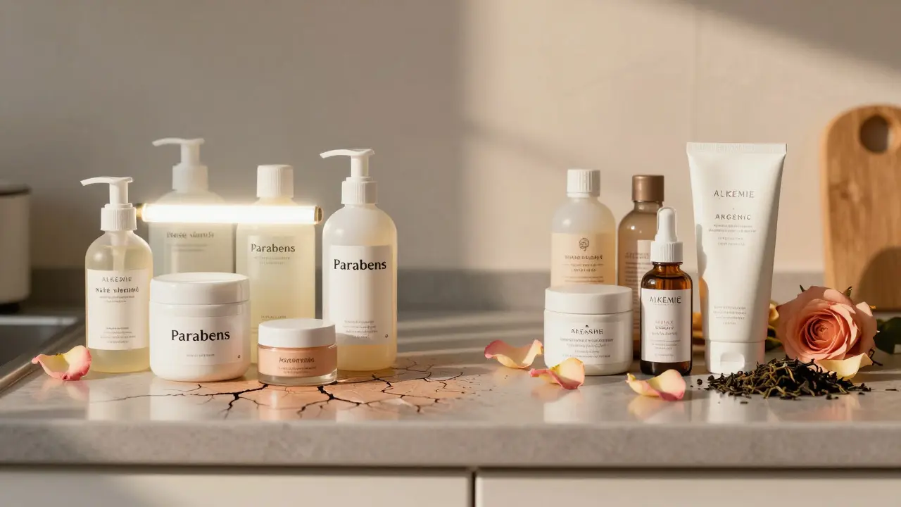 Dvě strany pultu: jedna s běžnými kosmetikami s parabeny, druhá s přírodními českými značkami a rostlinnými extrakty.