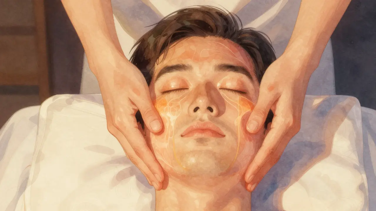 Ilustrace jemných pohybů masáže obličeje směrem nahoru a pod očima ve večerním prostředí.