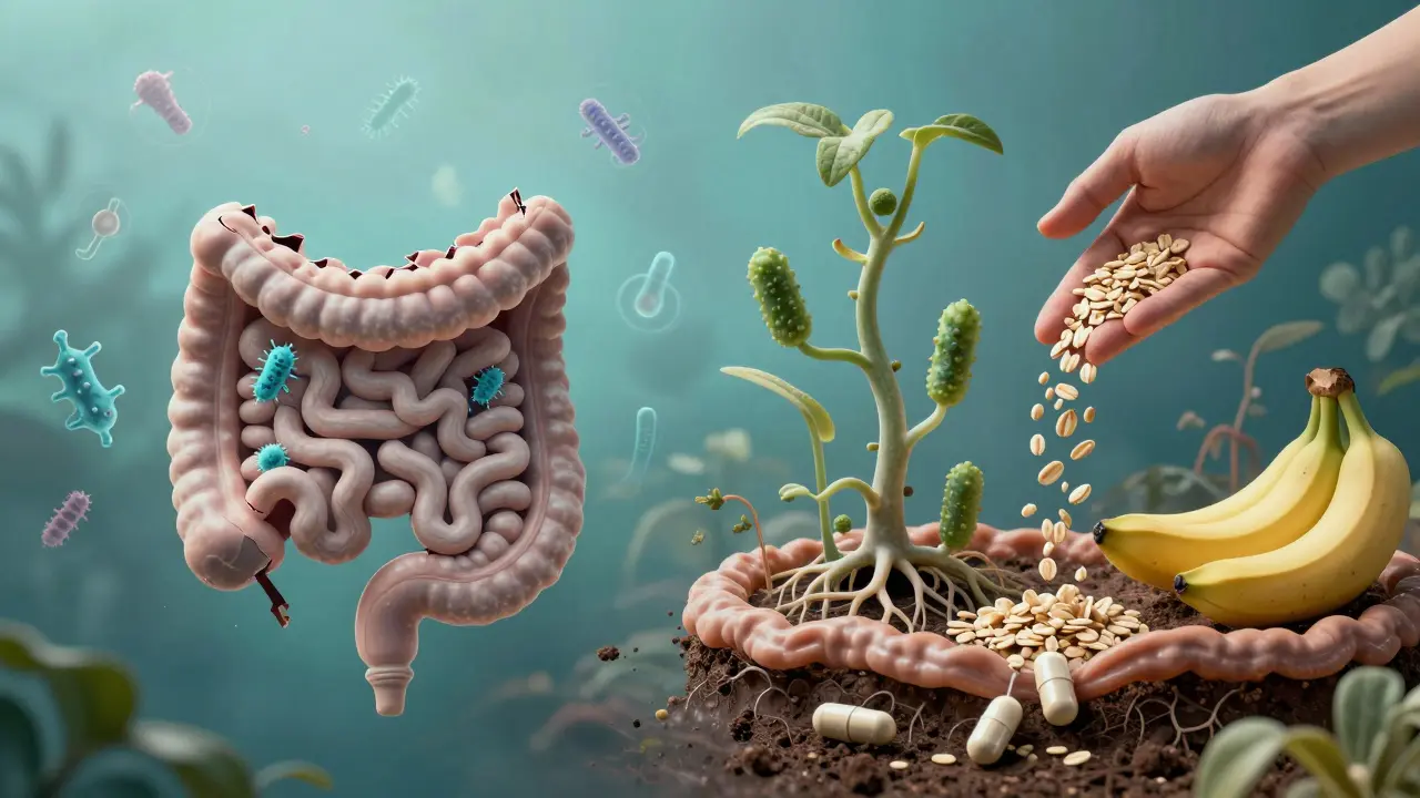 Konceptuální obraz obnovy střevní mikroflóry pomocí probiotik a prebiotik