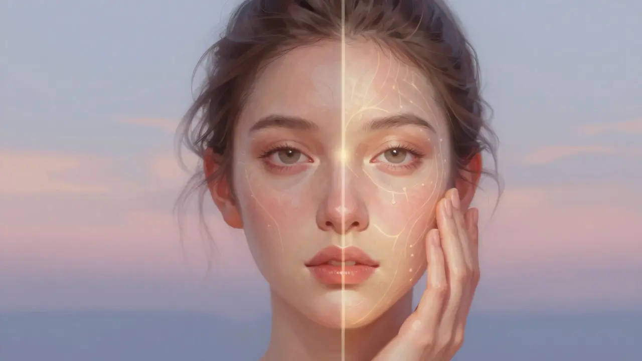 Konceptuální obrázek srovnávající zdravou a nezdravou pokožku po šesti týdnech masáže.