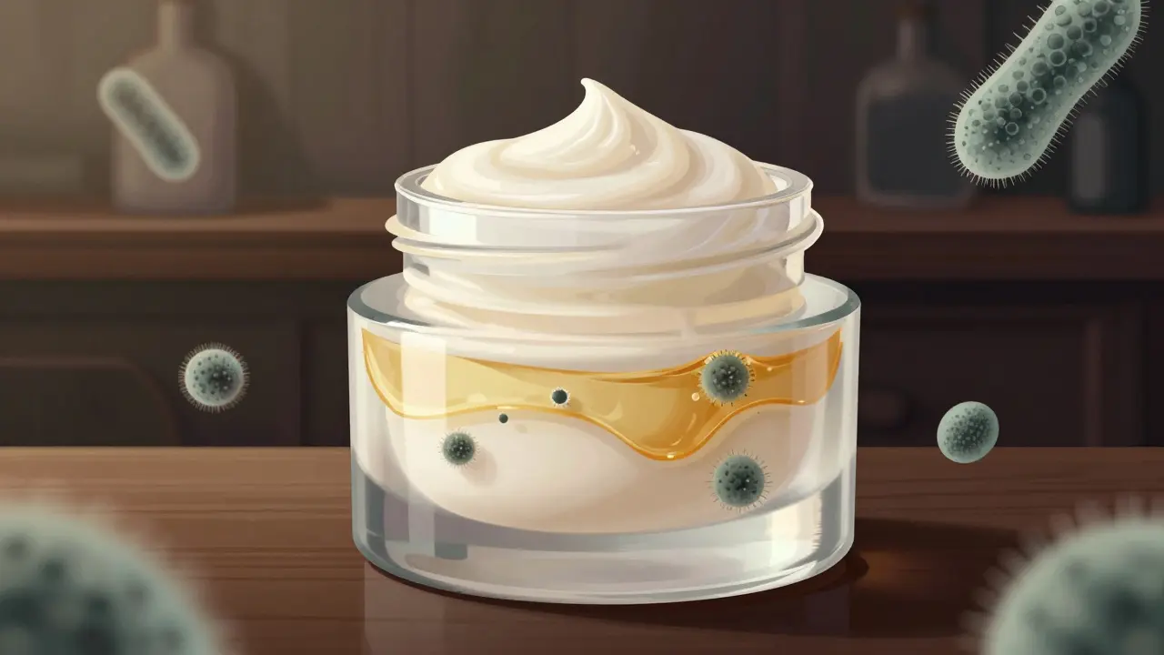 Krém v skleněné nádobce se dělí na vrstvy, viditelné mikroskopické plísně.