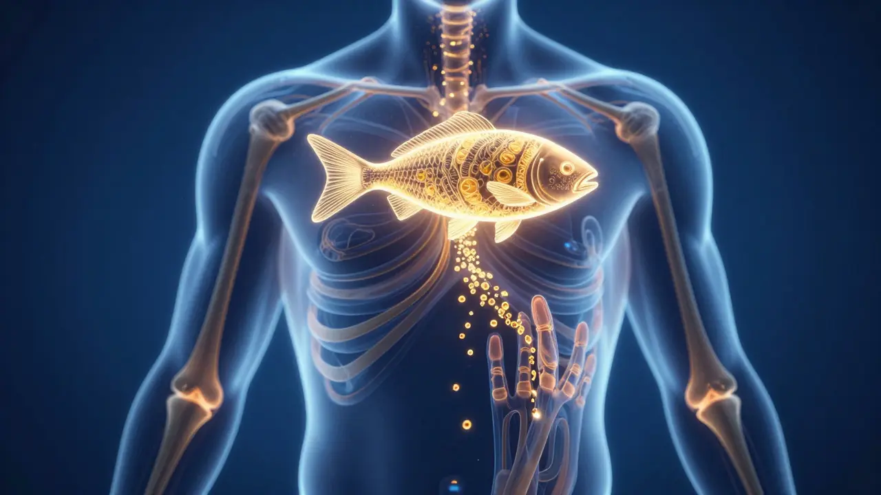 Kresba lidského těla s vnitřními cestami kolagenu napájenými z ryby.