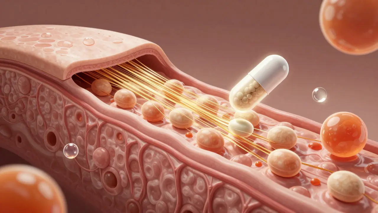 Křížový řez kůže s obnovou kolagenových vláken a vitamínem C.