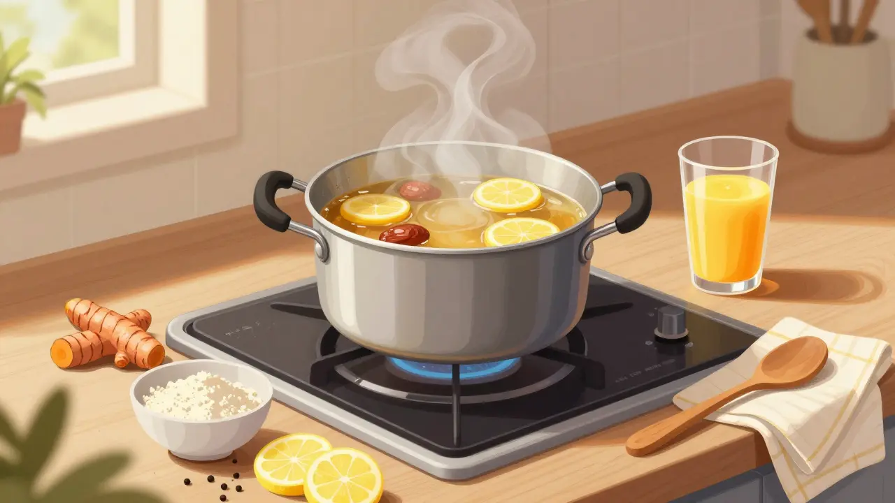 Kuchyňský stolek s vařící vývary z kostí, kurkumou, citronem a práškem kolagenu.