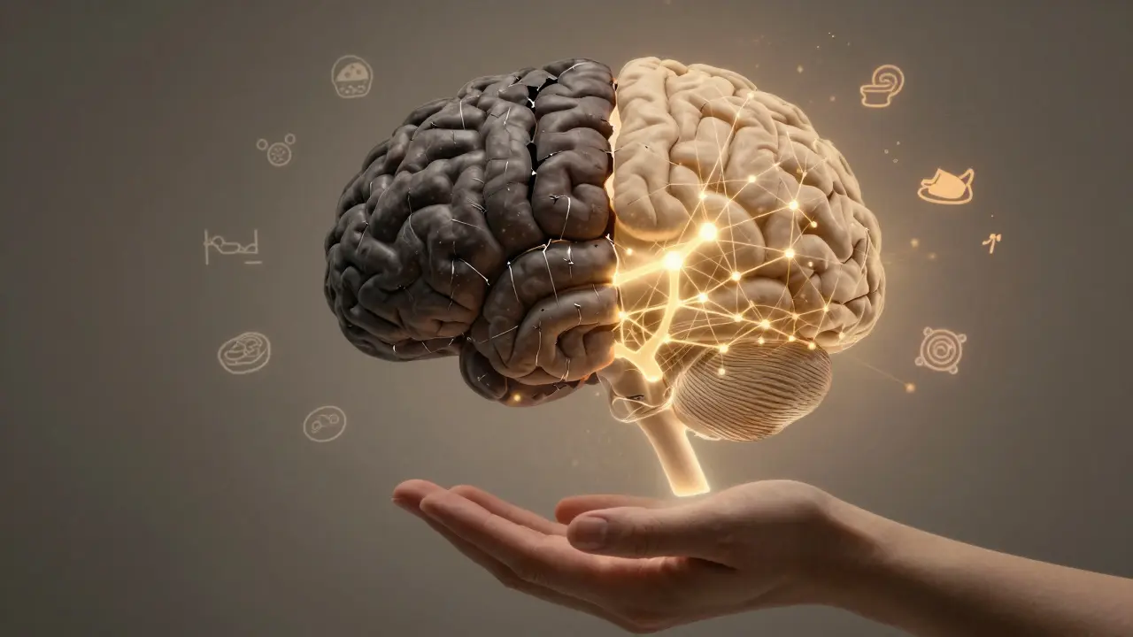 Lidský mozek s částí poškozenou a částí se obnovující, symboly jídla, spánku a podpory kolem.