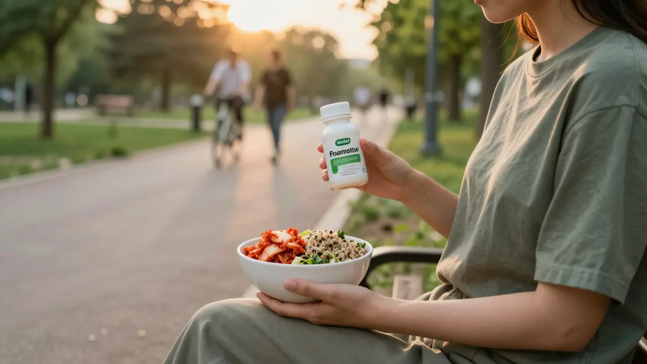 Osoba na lavičce drží probiotikum a salát z kimchi a quinoa, za ní zářící západ slunce.