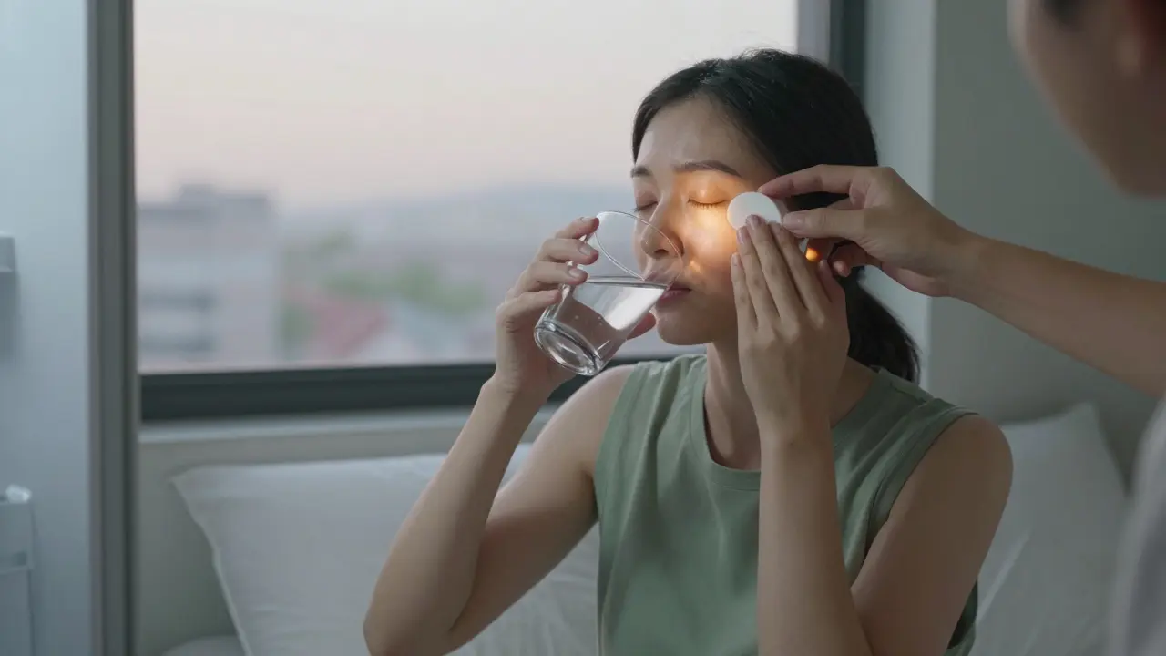 Osoba pije vodu ráno, aplikuje chladný krém pod oči, sedí na posteli s dvěma polštáři.