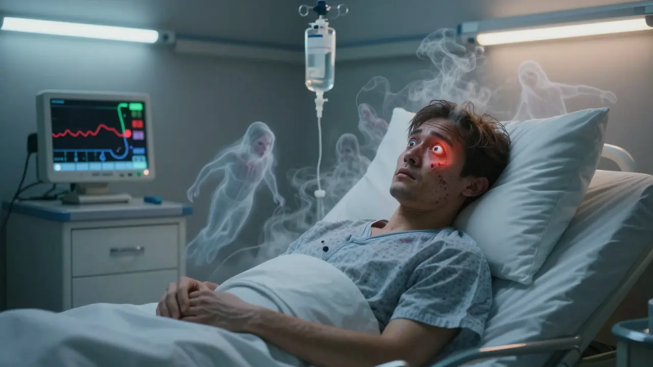 Pacient s alkoholovým deliriem s halucinacemi v nemocniční posteli, srdcový monitor ukazuje nepravidelný tep.
