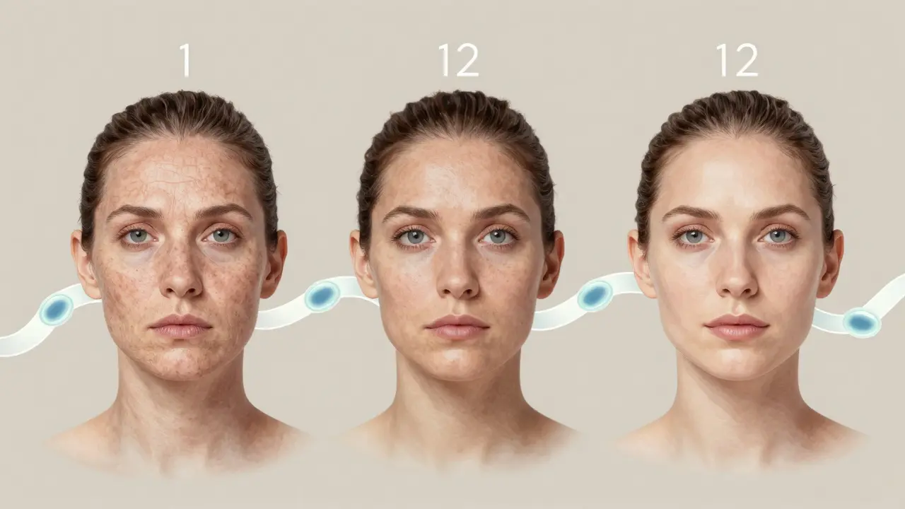 Postupná změna kůže během 12 týdnů užívání mořského kolagenu.