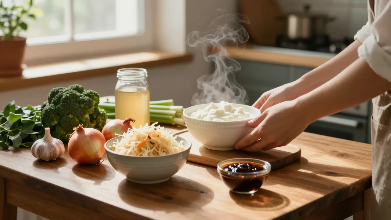 Příprava kvašených potravin a zeleniny v kuchyni s kefírem, kysaným zelím a česnekem