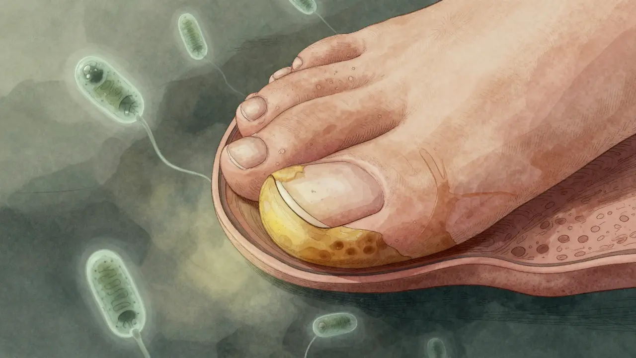 Průřez nehtu s postupným ztlustnutím a změnou barvy kvůli plísnivé infekci, s viditelnými původci.