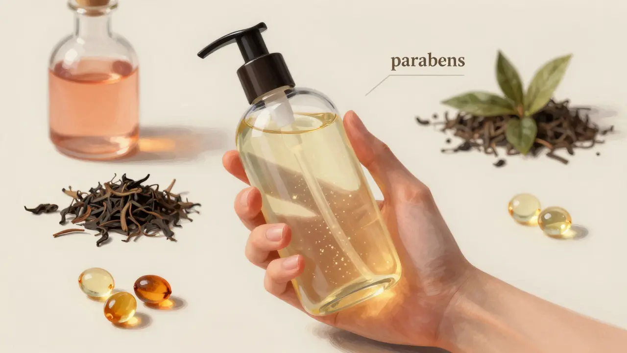 Ruka drží láhev šamponu, kde jsou parabeny znázorněny jako tajemné částice, zatímco přírodní alternativy leží kolem.