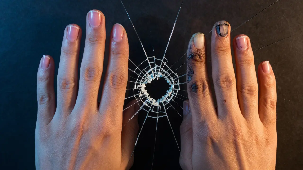 Ruka s jednou zdravou a jednou nemocnou rukou, oddělená prasklinou jako symbol zanedbání.