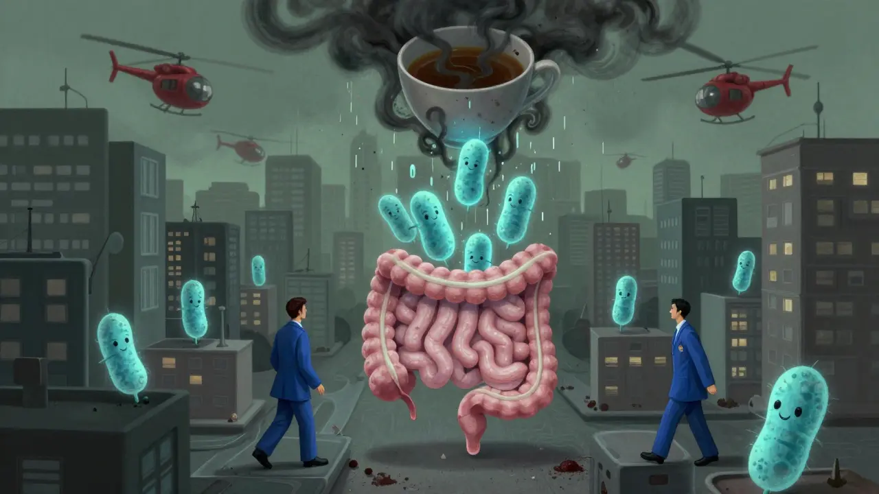 Střevo jako město, kde čaj ničí užitečné bakterie laktobacily.