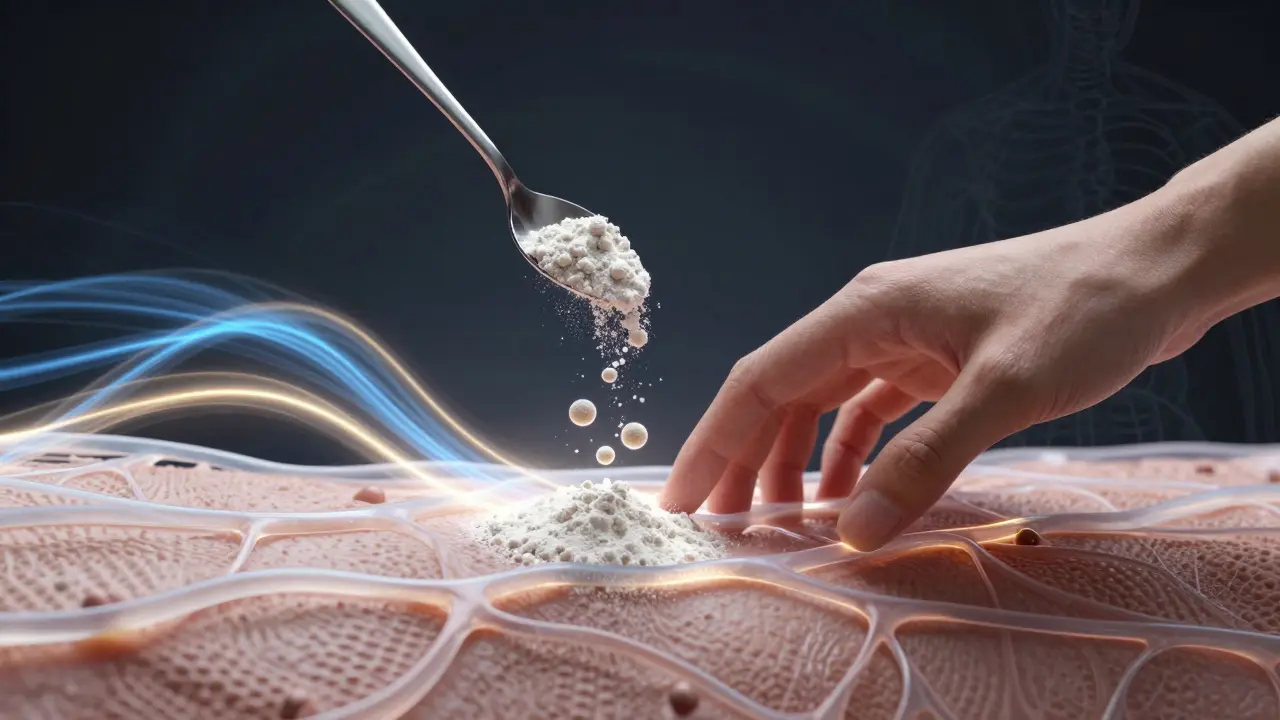 Tělo s viditelným kolagenovým sítěm a molekulami mořského kolagenu vstřebávanými do kůže.